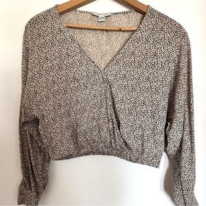 American Eagle Leopard Animal Print Wrap Front Cropped Long Sleeve Top XXS